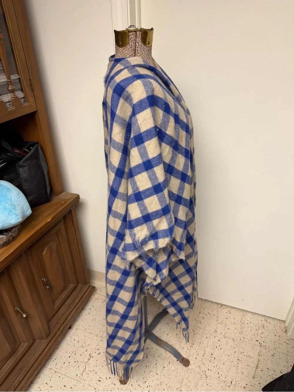 A New Day Blue Cream Buffalo Plaid Ruana Poncho Wrap Shawl One Size Fringe